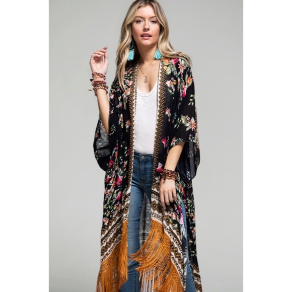 SOLD OUT Gallia Multi Color Floral Boho Ethnic Long Tassel Kimono Open Coverup - Picture 2 of 5